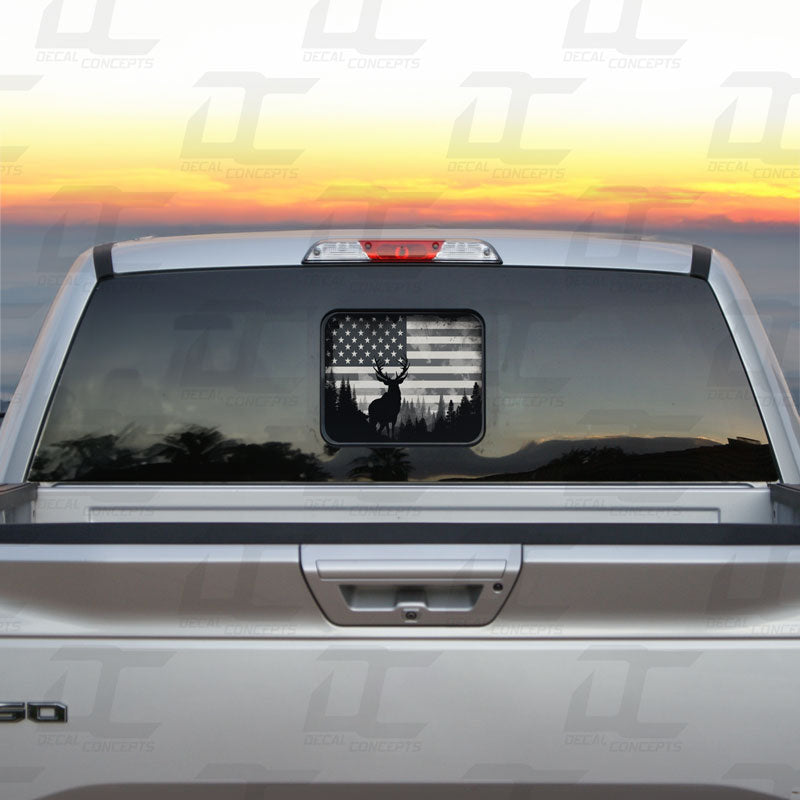 American Flag Elk Forest Silhouette Rear Window Printed Accent Decal For Ford F150/F250 (2015-2024)