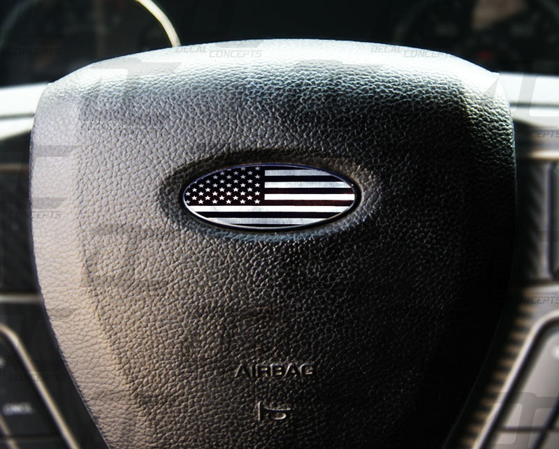 Steering Wheel Emblem Decal Overlay - Brushed Chrome American Flag Style - For Ford Models